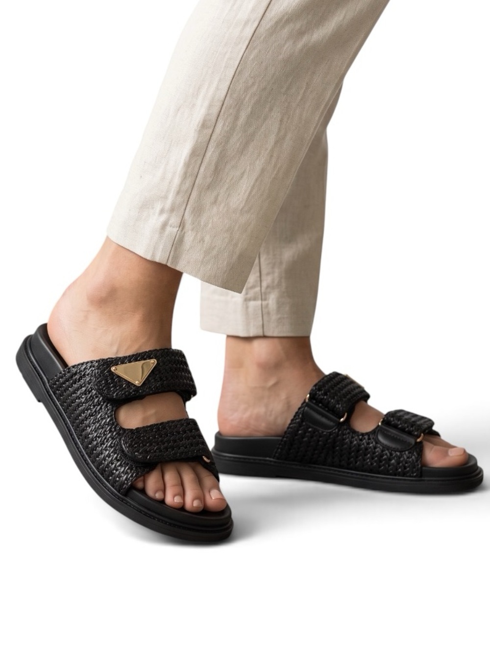 Lemonade Black Woven Raffia Double Strap Slide Sandals New Size 8/8.5
